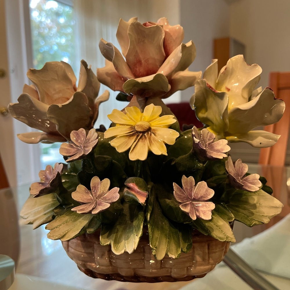 Vintage Capodimonte Porcelain Flower Roses Basket
